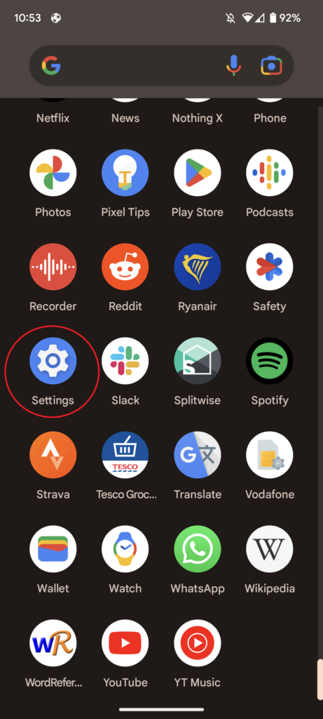 phone's settings app