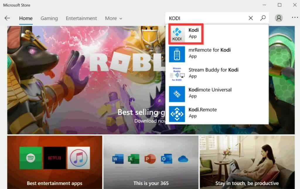 searching kodi on microsoft marketplace