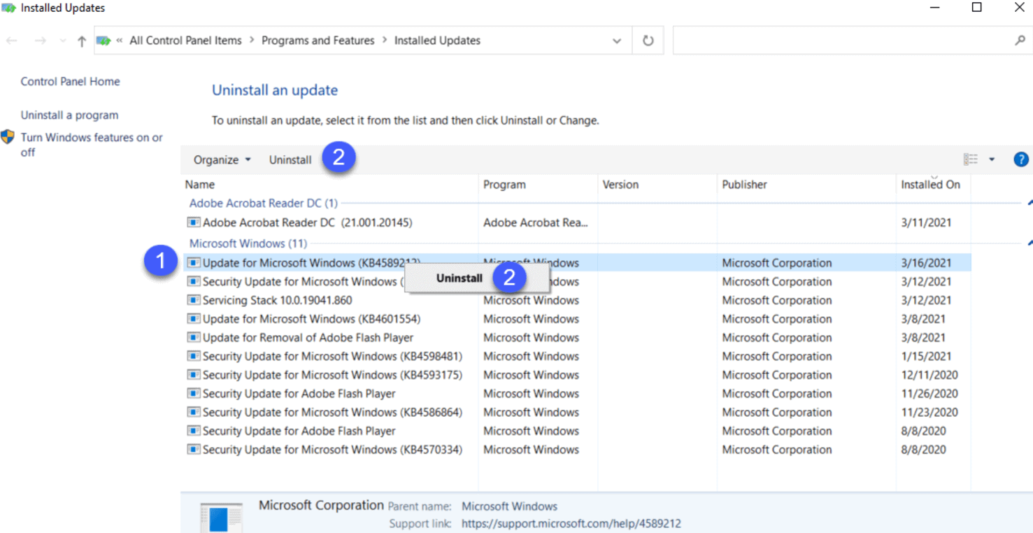 uninstall updates